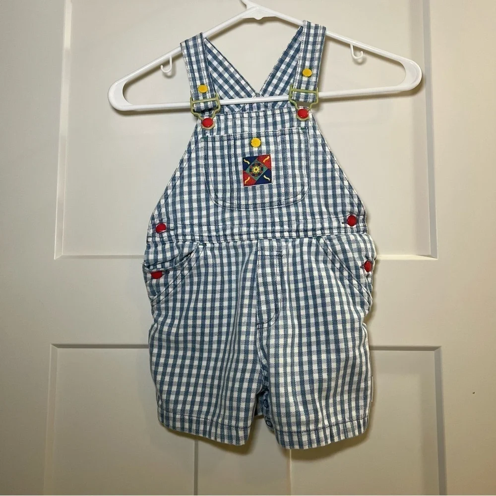 Gymboree Vintage 2T-3T Small 1970 Sports Blue/White Check Shortalls Baseball
